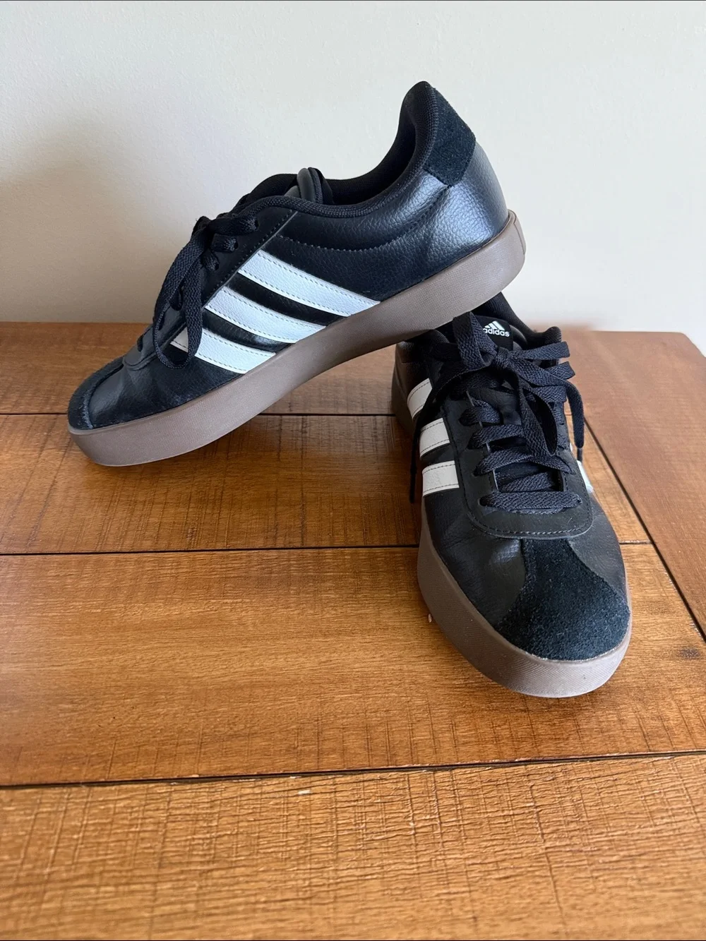 adidas Black Sneakers with White Stripes and Gum Sole